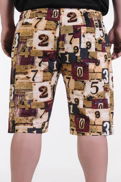 Summer New Trendy Numeral Printed Drawstring Waist Men's Beach Khaki Cotton Loose Casual Swim Trunks