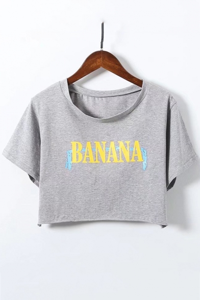 Summer Trendy Loose Fit Letter BANANA Printed Round Neck Cropped Top