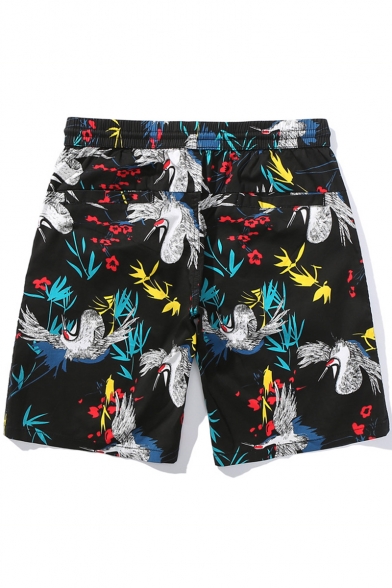 Summer Tropical Floral Crane Print Drawstring Waist Mens Black Cotton Beach Swim Shorts