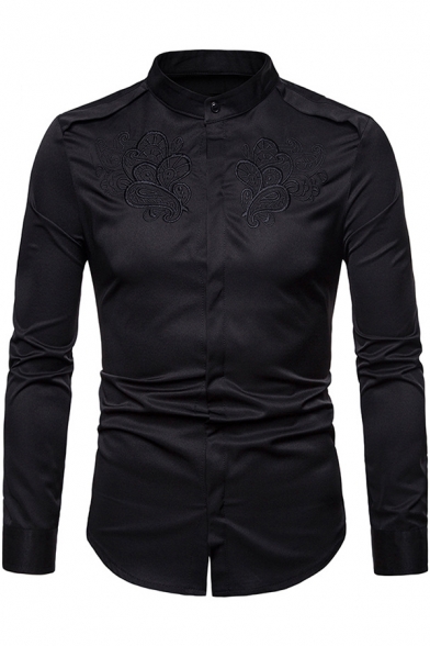 Trendy Royal Floral Embroidery Stand-Collar Long Sleeve Button-Up Fitted Shirt for Men