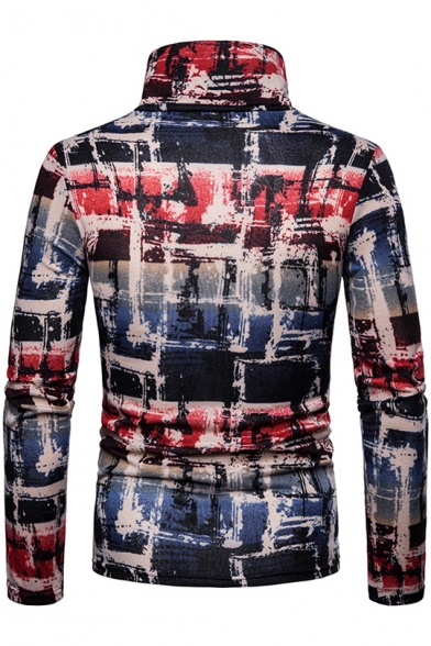Unique Fashion Colorful Plaid Print High Neck Warm Basic Fitted Pullover Sweater for Men
