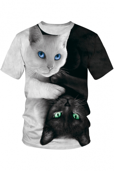 Unisex 3D Wolf Cat Pattern Round Neck Short Sleeve Loose Casual Black and White T-Shirt