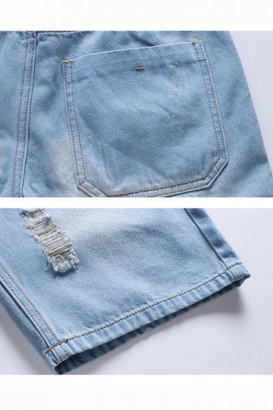 Vintage Destroyed Ripped Detail Mens Slim Fit Light Blue Denim Shorts