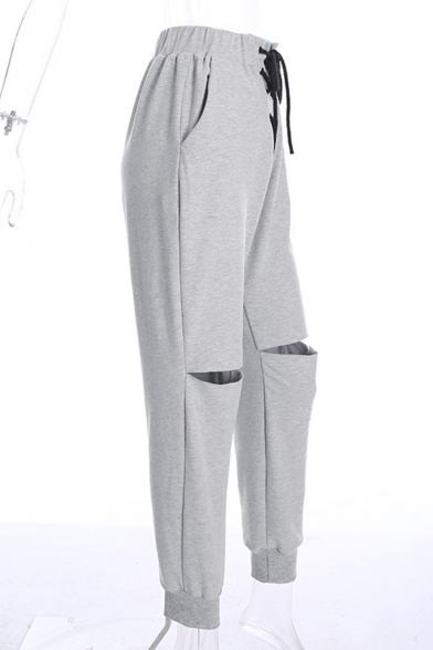 Women's Fashion Drawstring Waist Cutout Knee Plain Grey Casual Sports Pants