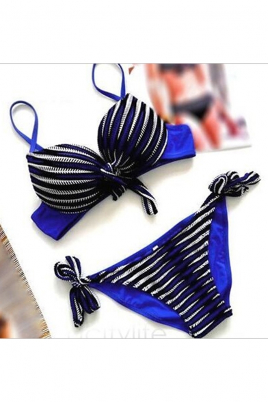 Women's Sexy Tied Front Spaghetti Straps Sleeveless Striped Bikini Swimwear