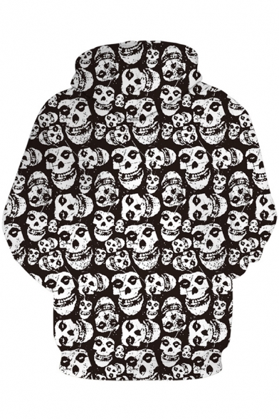 Allover Skull Printed Unisex Pullover Loose Fit Black and White Hoodie