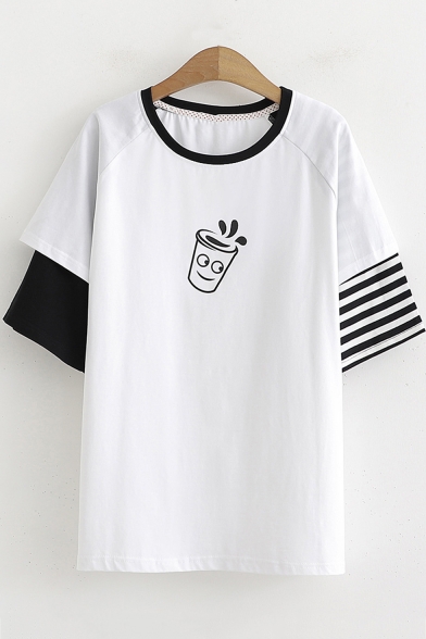 Basic Round Neck Stripe Short Sleeve Cartoon Cup Print T-Shirt