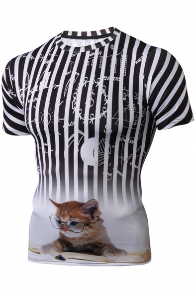 Black Vertical Stripe Cat Print Short Sleeve Unisex Summer T-Shirt