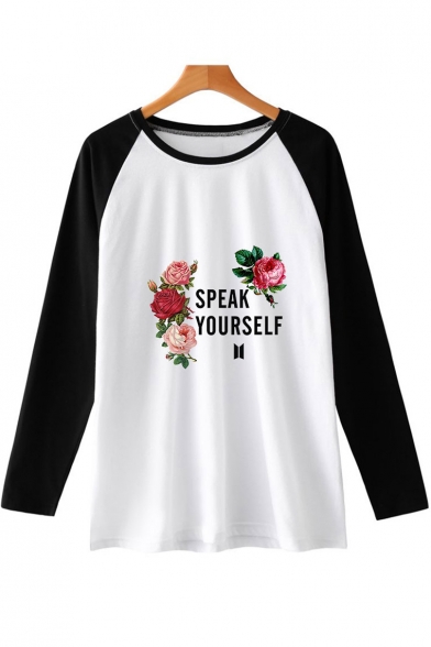 Speak Yourself Floral Letter Print Colorblock Long Sleeve Unisex T-Shirt