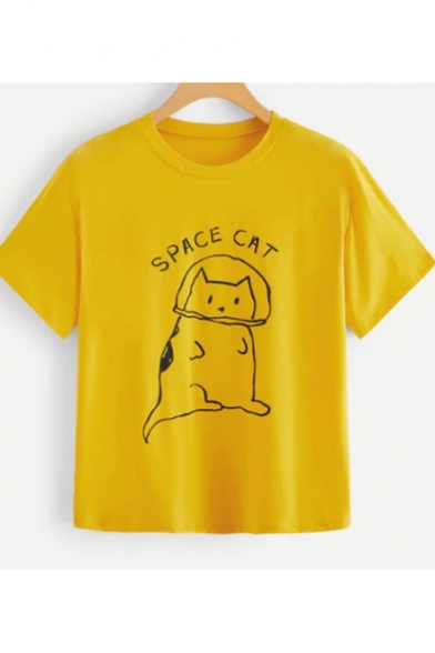 Cartoon Cute Cat Letter SPACE CAT Printed Round Neck Short Sleeve Yellow Casual Unisex T-Shirt