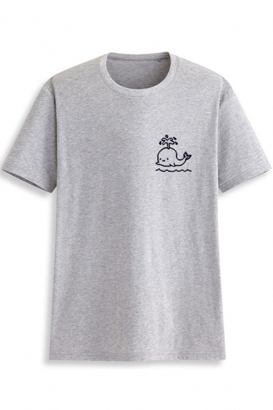 Cartoon Whale Pattern Round Neck Short Sleeve Casual Pullover Tee