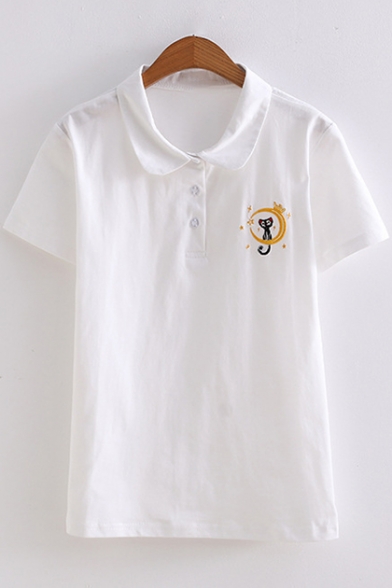 Chic Cartoon Moon Cat Embroidered Lapel Collar Short Sleeve T-Shirt