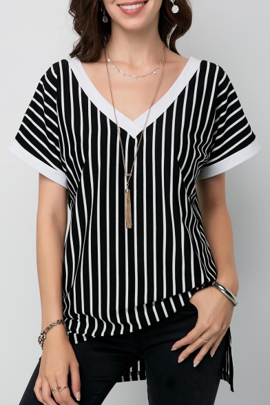 Classic Striped Printed V-Neck Short Sleeve Split Hem Black T-Shirt