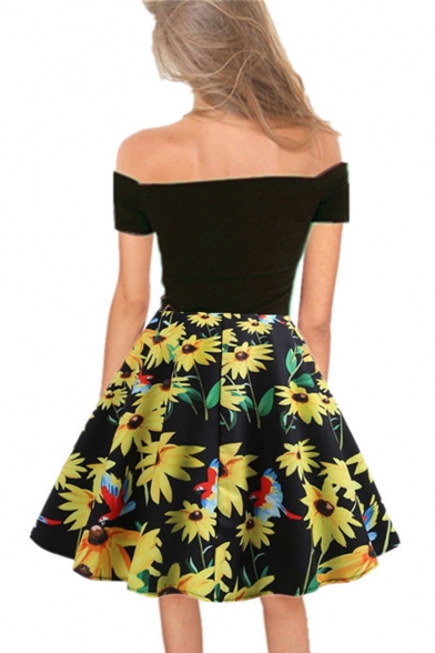 Color Block Floral Printed Off the Shoulder Bow-Tied Front Midi Flare Dress