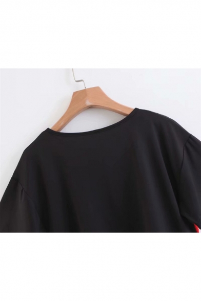 Cool Black Letter Figure Digital Printing Round Neck Short Sleeve Cropped T-Shirt