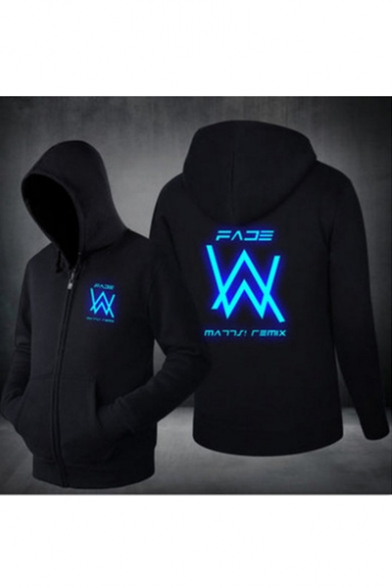 Cool Double W Logo Noctilucent Luminous Letter Logo Printed Long Sleeve Zip Up Hoodie