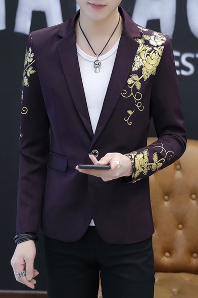 Fancy Floral Pattern Long Sleeve Notched Lapel Collar Single Button Slim Fit Blazer Prom Suit for Men