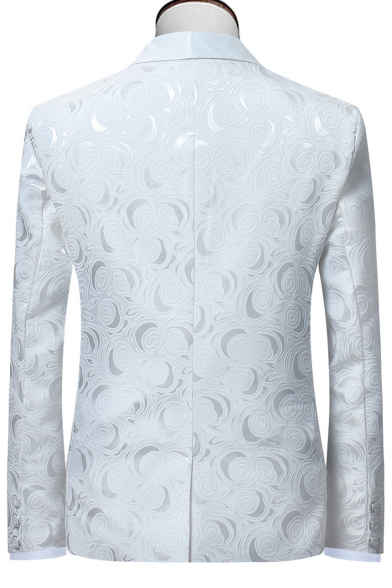 Fancy Floral Pattern Long Sleeve Shawl Collar Single Button White Blazer Tuxedo Suit for Men