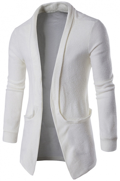 Fashion Simple Plain Shawl Collar Open Front Large Pocket Fitted Long Cardigan