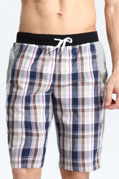 Holiday Beach Surfing Drawstring Plaids Pattern Colorblocked Loose Swim Shorts for Men