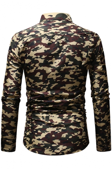 Men's Fashionable Camouflage Printed Long Sleeve Fitted Button-Up Shirt