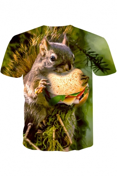 Men's Stylish 3D Squirrel Hamburger Print Round Neck Short Sleeve Green Casual Tee