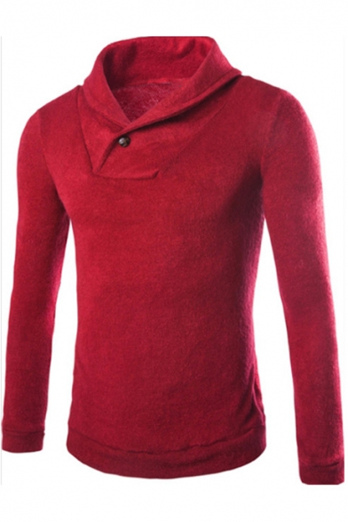 Mens Fashion Turn-Down Collar Button Embellished Long Sleeve Solid Color Slim Sweater