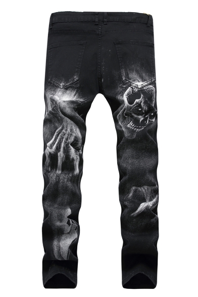 Mens New Stylish Cool Skull Printed Dark Washed Straight Black Jeans
