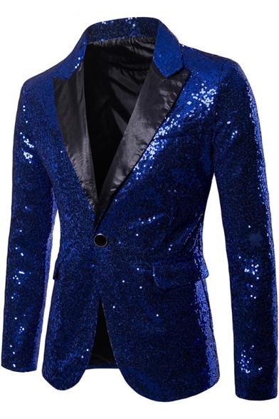Mens Nightclub Peaked Lapel Long Sleeve Single Button Sequins Prom Tuxedo Suit