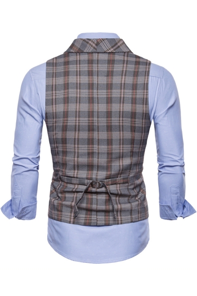 Mens Retro Plaid Printed Buckle Back Shawl Collar Double Breasted Suit Vest