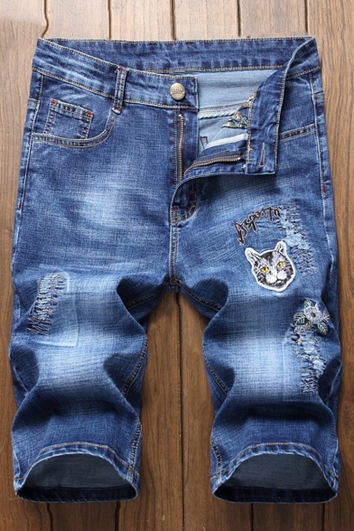 Mens Street Fashion Embroidered Letter Cat Floral Printed Straight Blue Denim Shorts