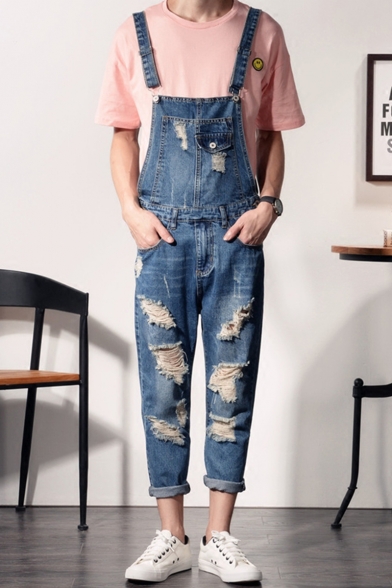 Mens Summer Stylish Destroyed Ripped Detail Rolled Cuff Denim Blue Jeans Suspender Overalls