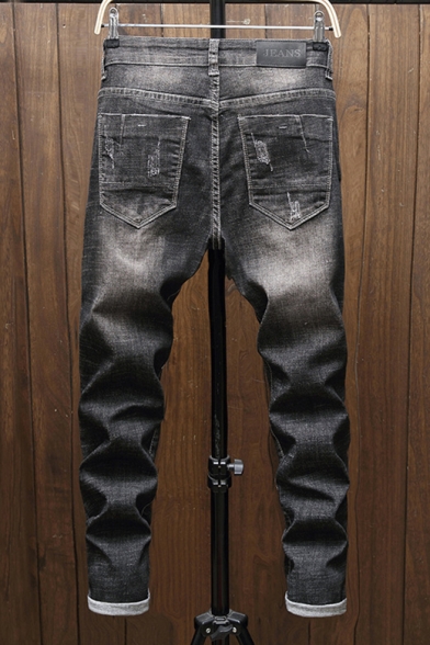 Mens Trendy Camo Spider Web Letter SNOOPY Embroidery Patched Straight Fit Black Ripped Jeans