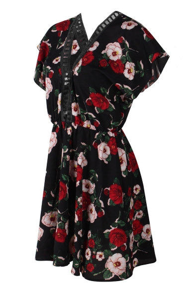 New Arrival Floral Pattern V-Neck Hollow Out Black Mini A-Line Beach Dress