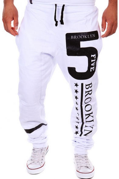 New Stylish Cool Number 5 Letter BROOKLYN Stars Print Drawstring Waist Casual Cotton Sport Pants Sweatpants