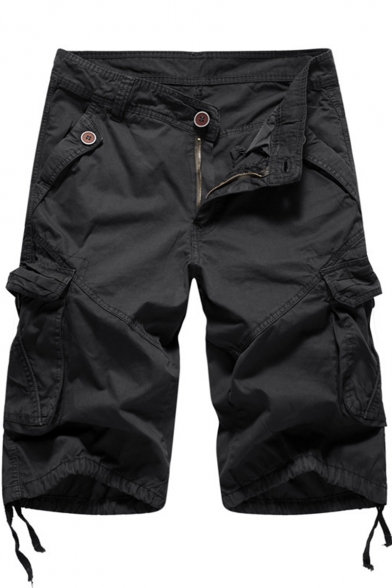 New Trendy Simple Plain Flap Pocket Side Tied-Cuff Mens Casual Military Cargo Shorts