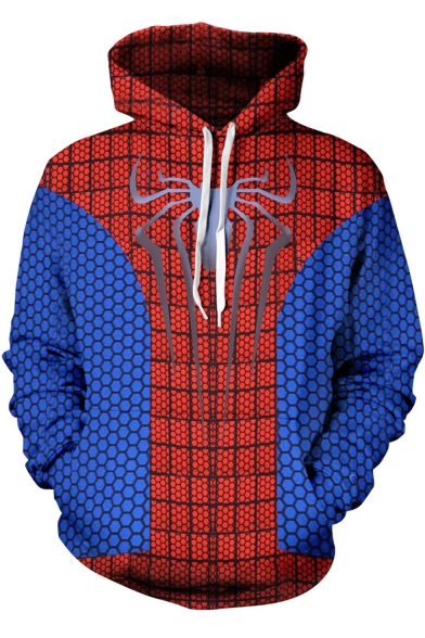 New Trendy Printed Long Sleeve Red and Blue Casual Drawstring Hoodie