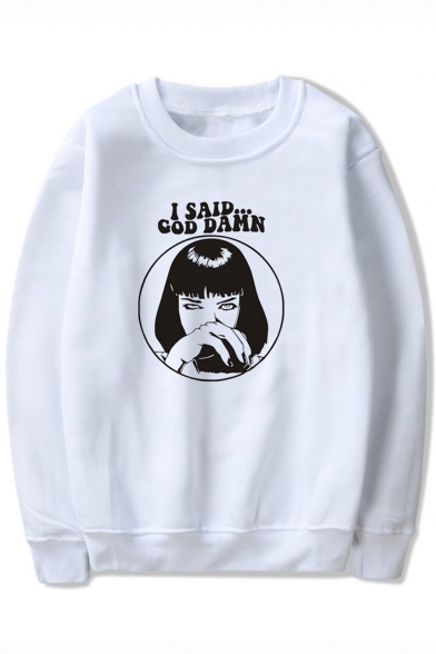 Pulp Fiction I SAID GOD DAMN Comic Girl Pattern Round Neck Unisex Casual Sweatshirt