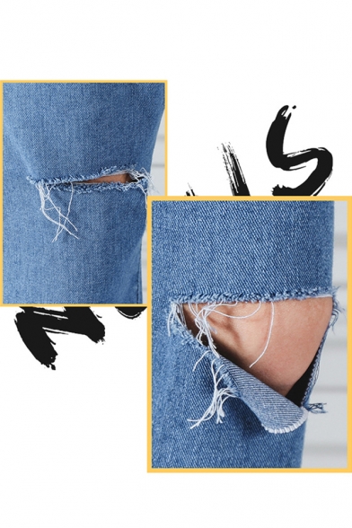 Retro Nostalgia Blue Straight-Leg Loose Fit Distressed Ripped Jeans for Guys