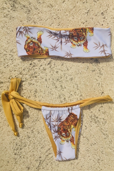 Sexy Cool Tiger Bamboo Printed Bandeau Top Tied Sides Bikinis Swimwear
