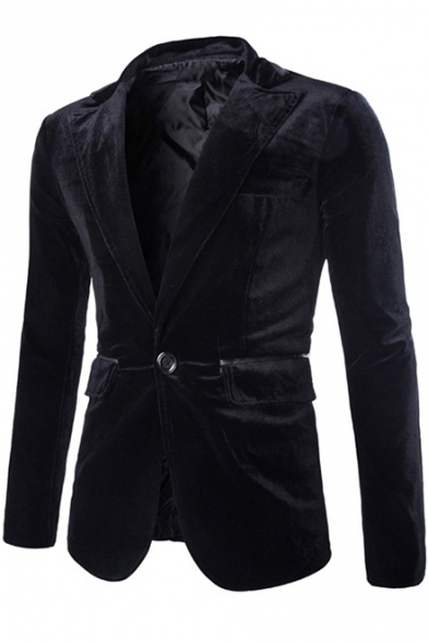 Simple Basic Plain Peaked Lapel Single Button Long Sleeve Velvet Wedding Suit Blazer for Men