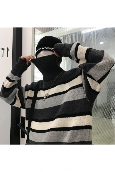 Stylish Colorblocked Striped Turtleneck Bilayer Sleeve Loose Fit Pullover Sweater