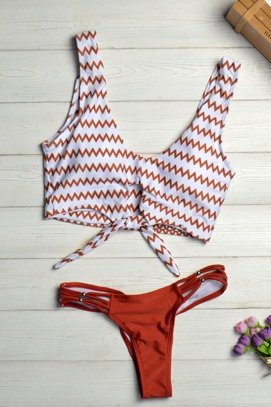 Stylish Wave Striped Print Hollow Out Bow Front Patchwork Bikini Swimwear