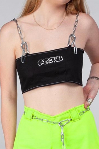 Summer Letter Printed Metal Chain Straps Cropped Cami Top