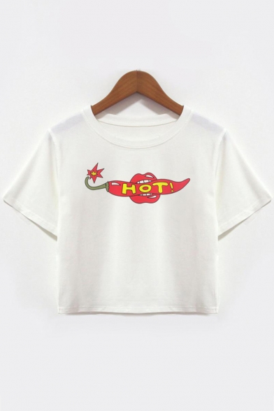 Summer Round Neck Short Sleeve Letter HOT Printed Copped White T-Shirt