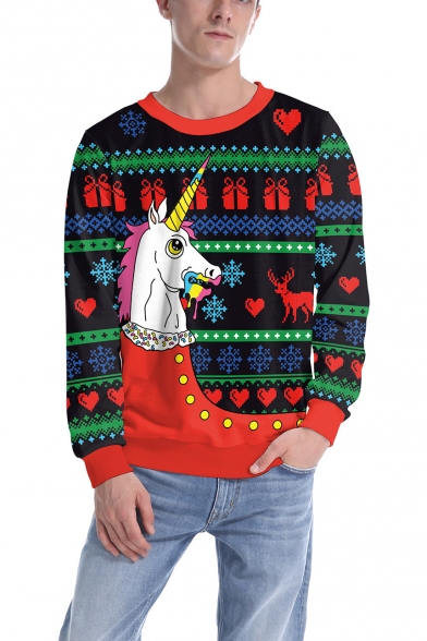 Unisex Funny Christmas Unicorn Print Round Neck Long Sleeve Sweater Jumper
