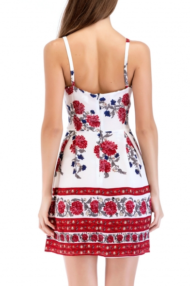Women's Ethnic Floral Printed Spaghetti Straps Mini A-Line Slip Dress