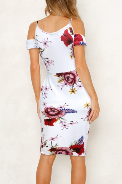 Women's Retro Floral Printed Cold Shoulder Mini Slip Bodycon Dress