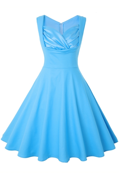 Women's Simple Plain Sleeveless Zip-Back Midi A-Line Flared Dresses