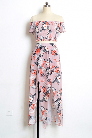 Boho Style Elastic Floral Printed Off the Shoulder Crop Top with Split Front Maxi Skirt Co-ords